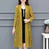 Kvinnors blusar pendling GASE JACQUARD Vävning Öppen Stitch Spring Summer Casual Long Sleeve Clothing Stylish Sipped Straight Midi Blus