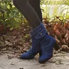 Botas Blue Jeans Boot S Mid Rise Roma Sólida Deslizamento em Chunky Med Heels Wild Vintage Senhoras Sapatos Grande Tamanho 35 43 230921