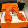 A113 Robe Designer 10.5 cm En Cuir Véritable pour Femmes D'été Bouts Carrés Talon Aiguille Sandales Orange Slingback Soirée Sh