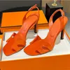 A113 Robe Designer 10.5 cm En Cuir Véritable pour Femmes D'été Bouts Carrés Talon Aiguille Sandales Orange Slingback Soirée Sh