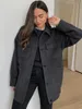 Women Blends Elegant Autumn Winter Dark Gray Woolen Coats High Street Ladies Jackets Single Breasted Pockets Long Overcoat Outerwear 230921