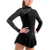 Dancewear vestido de ginástica meninas figura patinação no gelo vestido mangas compridas mock pescoço tule splice recortes de volta ballet dança collant vestido crianças 230920