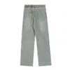 Jeans à taille élastique, marque de mode, délavé et usé, cordon de serrage, boucle latérale, conception, jambe droite, 8kl4
