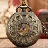 Pocket Watches Roman Numerals Transparent Hollow Flowers Bronze Mechanical Hand Winding Watch Antique Birthday Gifts Fob Chain Timepiece