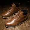 Botas outono inverno couro masculino tornozelo resistente ao desgaste antiderrapante homens moda preto rendas trabalho chaussure homme