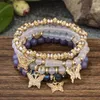 S3793 Bohemian Fashion Multi Layer Strands Gold Crystal Pärledarmband Butterfly Pendants Pärlor Handgjorda Weave Elastic Armband Set Set