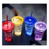 Tumblers 50Pcs/Lot 450Ml Creative Colorf Double Layer Plastic Cup With Lid Summer Gold Powder Juice Cups Water Cup-With St 15.5X6.5C Dhfsw