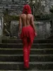 Женские брюки из двух предметов, сексуальное мини-платье с капюшоном и открытой спиной, длинные красные комплекты с высокой талией, 2023, уличная одежда для ночного клуба