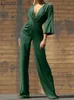 Kvinnors jumpsuits Rompers Zanzea Women Slim Long Romper Deep V-Neck Classy Streetwear Wide Leg Pant Satin Jumpsuits Fashion Knot Front 3/4 Sleeve Overalls L230921