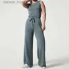 Kvinnors jumpsuits Rompers 2023 New Women Air Jumpsuit ärmlös lekduit bodysuits Casual Lady Lose Short Sleeve Belted Wide Leg Pant Romper L230921