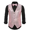 Men's Vests Mens Shiny Sequins V Neck Slim Fit Suit Waistcoat Bowtie Set Wedding Prom Tuxedo Vest Men 70s Disco Party Gilet Homme XXL