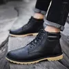 Botas outono inverno couro masculino tornozelo resistente ao desgaste antiderrapante homens moda preto rendas trabalho chaussure homme
