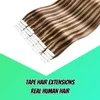 Ali sihirli bant saç uzantılarında insan saç rengi koyu kahverengi #4 vurgular #27 çilek sarışın gerçek insan saçı uzatma bant ipeksi düz p4 27