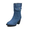 Boots Blue jeans boot s Mid rise Rome Solid Slip On Chunky Med Heels wild vintage Ladies shoes Large Size 35 43 230921