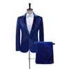 Men's Suits ( Jacket Pants) Fashion Luxury Velvet Suit Black / Blue Embossed Gold Edge Dress Men Business Wedding Party Blazer Trousers