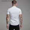 Herrklänningskjortor Nya sommarmän kort ärmskjorta Solid fitness Mens Stand Collar Super Slim Fit Business Dress Shirts Button Gym TEES TOPS L230921