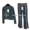 Diamond Pattern Denim Jacket Women Flower Print Jean Coat High Waist Flared Pants Two Piece Pants