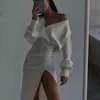 Robes décontractées de base robe midi noire épaule longue femmes automne hiver haute fente moulante streetwear manches blanches fête 230921