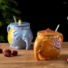 Mugs Creative 3D Elephant Ceramic Mug Cartoon Cute Animal Embossed Cup Personality Trend Coffee With Lid Spoon 400ml