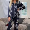 Damen-Nachtwäsche, Damen-Pyjama-Set, simulierte Seide, langärmelig, geknöpft, Homewear, lockerer Atem, Unterwäsche, lässige, glatte Dessous