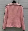 Wool Blends Wysokiej jakości celebrytka Pink Tweed Coats Contrast Color Pinting Pockets Oneck Woolen Płaszcz 230921