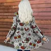 Women's Trench Coats Spring And Autumn Long Sleeve Jacket Casual Scarf Collar Retro Cardigan Christmas Santa Claus Printed Windbreaker