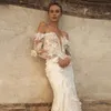 Vestidos de novia lujosos de sirena de encaje de flores en 3d con ilusión, vestido de novia de manga larga con hombros descubiertos para novia