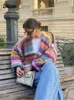 レディースニットティークロシェ編み縞模様のカーディガン秋のランタンスリーブビンテージステッチセーター女性カジュアルルーズファッションストリート230921