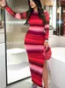 Vestidos Casuais Básicos Mulheres Stripe Impresso Manga Longa Slim Vestido Outono Oneck Side Slit Maxi Moda Sexy Steetwear Bodycon Robe 230921