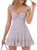 Casual Dresses Women S Mini A-Line Dress Cap Sleeve Sweetheart Neck Tie Backless Floral Print Short Flowy Clubwear