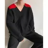 Suéter masculino estilo japonês retalhos masculino pulôveres com decote em v suéter para homens solto casual oversize malha casal roupa preta