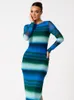 Vestidos Casuais Básicos Mulheres Stripe Impresso Manga Longa Slim Vestido Outono Oneck Side Slit Maxi Moda Sexy Steetwear Bodycon Robe 230921