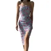 Casual Dresses Women Print Camisole Dress 2023 Summer Beach Style Elegant V-ringad ärmlös knappdekoration Sexig lång