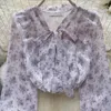 Bluzki damskie fioletowa kwiatowa szyfonowa koszula dla kobiet lato jesienna koronkowa koronkowa łuk długi rękaw słodki bluzka blusa