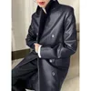 女性の革革の春秋、黒い柔らかい本物のコート女性スリーブダブルブレストエレガントジャケット2023 Q491