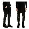 メンズジーンズ新しいファッションブランド高品質ストレッチ膝をリッピングした黒いスリムジーンズメンスリムヒップホップスワッグエラスティックパンツボーイリッピングオスのズボンl230921