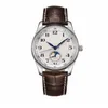 Montre classique pour hommes, mécanique et automatique, cadran blanc, bracelet en cuir marron, 001290h