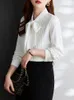 Damskie bluzki plisowana koszula damska Koszula z długim rękawem muszka szyi perła guziki biuro eleganckie żeńskie ubrania modne 2023