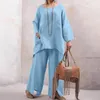 Pantalon de deux pièces pour femmes, grande taille, coton et lin, ourlet irrégulier, t-shirt ample et long, ensemble de couleur unie d'automne, tenues décontractées pour femmes surdimensionnées