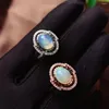 Cluster Rings Anniversary Gift Elegant For Women Natural Real Opal Ring 925 Sterling Silver Fine Jewelry