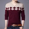 Herrtröjor Autumn Winter Men V-ringning Pullover Plaid Casual Korean Kläder Tees Fashion Slim Long Sleeve Bottoming Sticked Tops