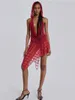 Kvinnors tvåbitar byxor sexig huva rygglös oregelbunden miniklänning hög midja långa röda uppsättningar 2023 nattklubb kläder streetwear