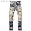 Herenjeans Hoge kwaliteit Heren Slim-fit Patched Blue Jeans Lichte luxe mesh-versiering Sexy gescheurde jeans Stijlvolle Street Fashion Jeans; L230921