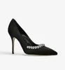 Manolos Женские модельные туфли сандалии-лодочки на высоком каблуке Olarana 105 мм, украшенные кристаллами, черные атласные туфли с острым носком! туфли-лодочки для невесты на свадьбу с коробкой 35-43