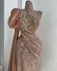 2023 Aso Ebi Arabo Sirena Oro Prom Dress Cristalli Pizzo Sera sexy Festa formale Secondo ricevimento Compleanno Abiti di fidanzamento Abiti Robe De Soiree ZJ379