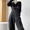 Kvinnors jumpsuits Rompers Black Denim Jumpsuits for Women Korean Style Vintage PlaySuit Wide Leg Pants Loose Trousers Overdimensionerade Overalls For Women kläder L230921