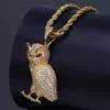 Collier pendentif hibou animal en acier inoxydable glacé de luxe avec chaîne de corde de 60 cm Micro pavé de zircone cubique diamants simulés Pend310n