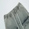 Jeans à taille élastique, marque de mode, délavé et usé, cordon de serrage, boucle latérale, conception, jambe droite, 8kl4