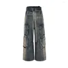 Ribbons de gradient de jeans pour hommes Multi-poches à crampon pour hommes Haruku streetwear Baggy Y2K pantalon denim Cargos surdimensionné