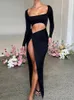 Grundläggande casual klänningar Mozision Sexig Hollow Out High Split Maxi Dress for Women Robe Autumn Full Sleeve Ruched Club Party Long Dress Vestido 230920